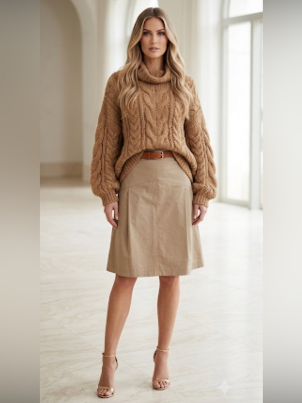 GUNEX for Brunello Cucinelli Silk Blend Pleated A-Line Skirt Tan Khaki Sz 8
